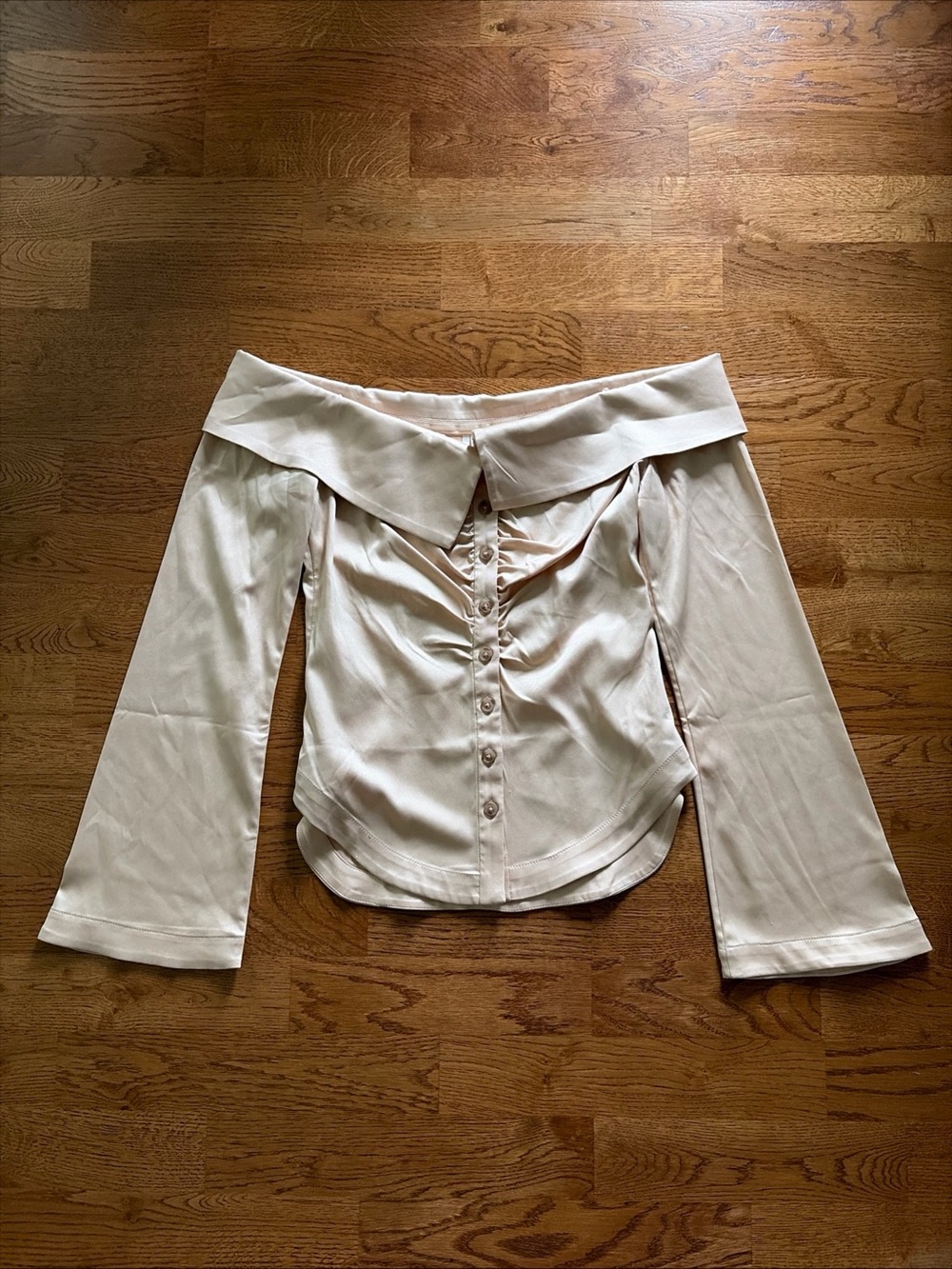 Anthropologie Off the Shoulder Collar Silky Shirt Beige Tan Button Front Ruched